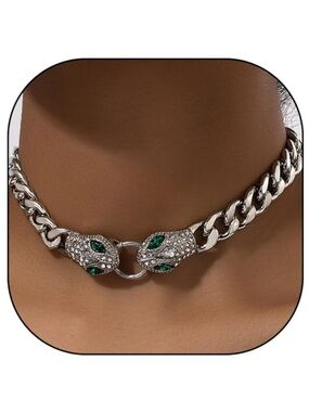 Silver Chain Choker with Gemstone Panther Heads